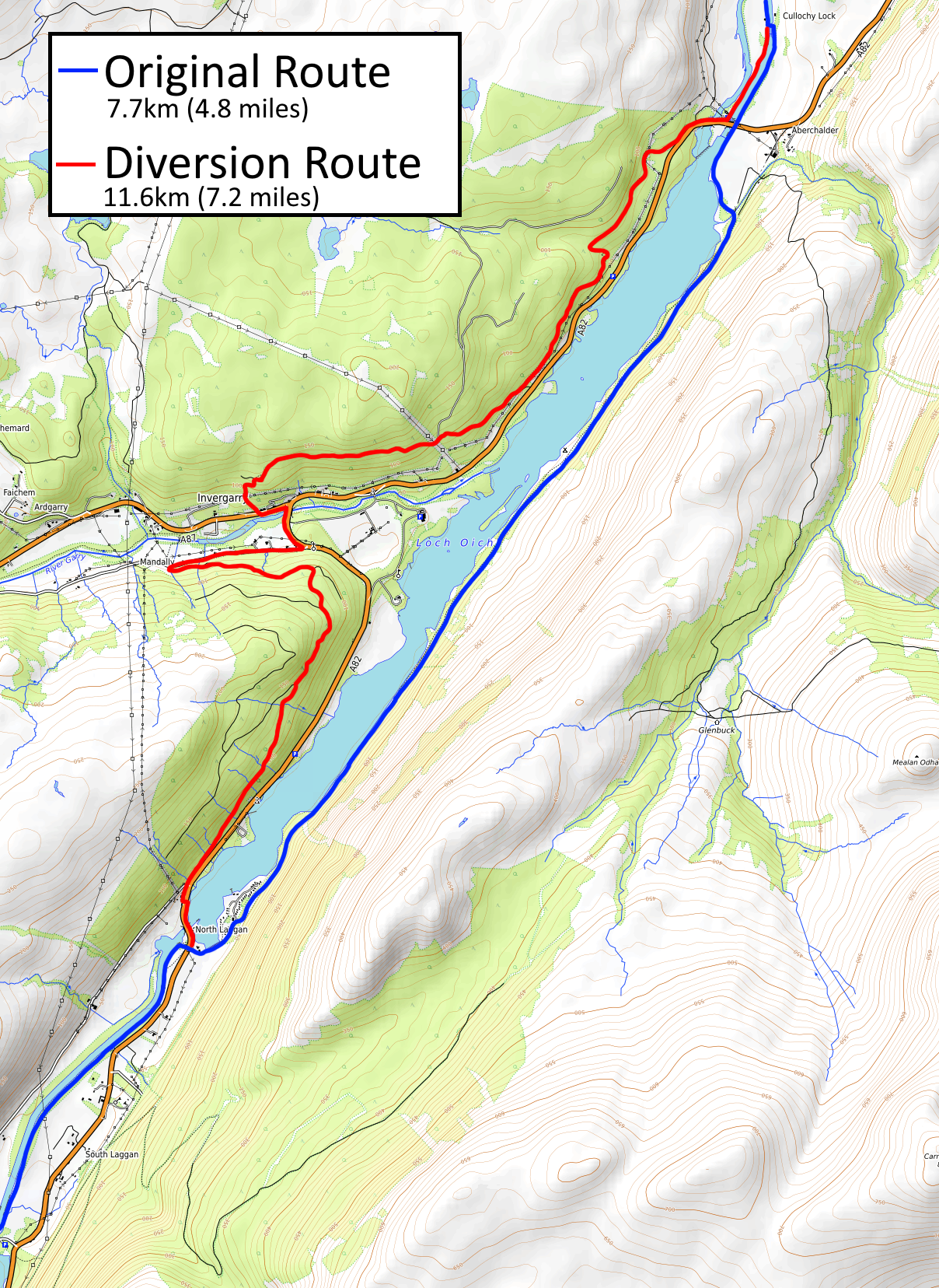 Map showing both the original and diverted routes around Loch Oich