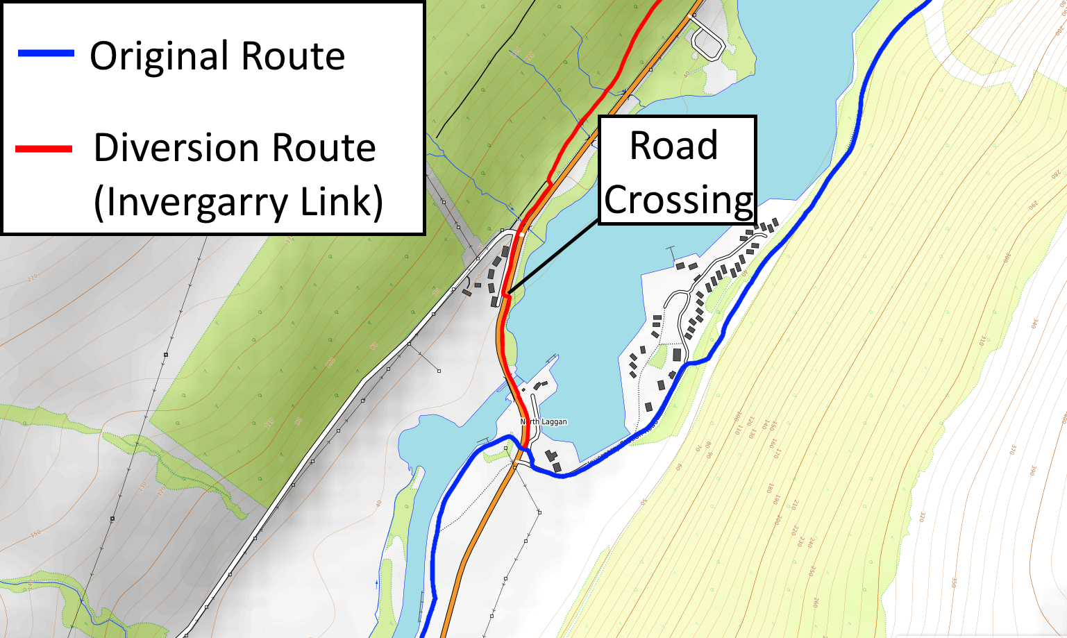 Map showing the diversion route at the south end of Loch Oich