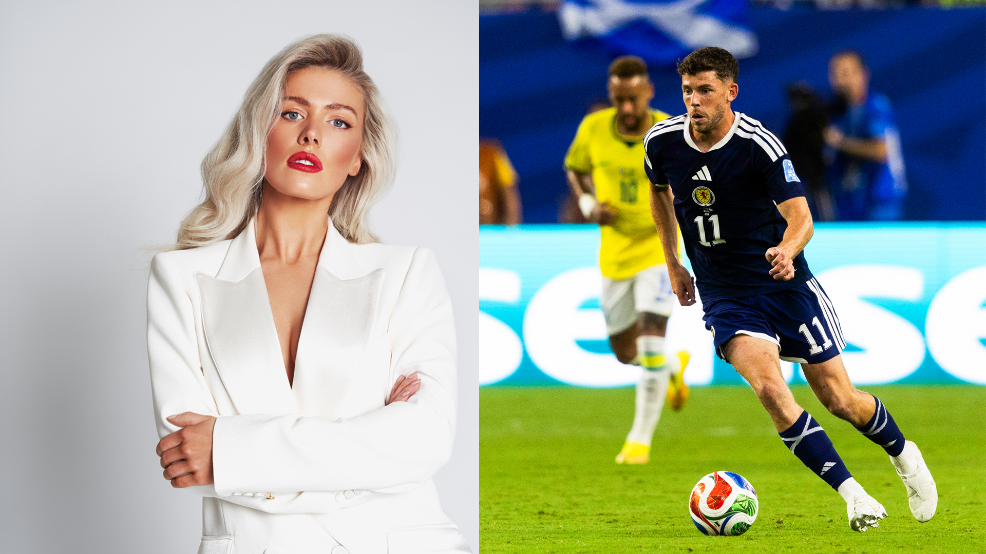 Images shows Siobhan Mackenzie dressed in white and Ryan Christie playing football on a pitch.