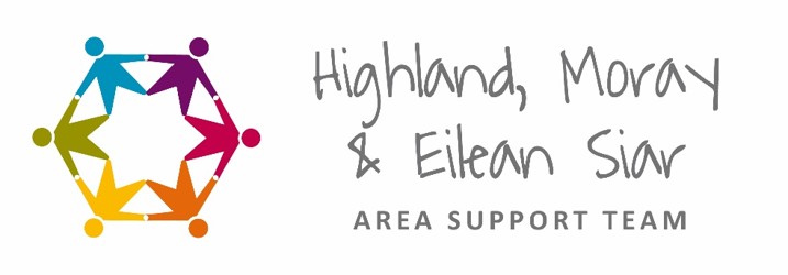 Logo for Highland, Moray & Eilean Siar Area Support Team showing six colorful stylized figures joined in a circle around a white star, beside handwritten-style text "Highland, Moray & Eilean Siar" with smaller uppercase "AREA SUPPORT TEAM".