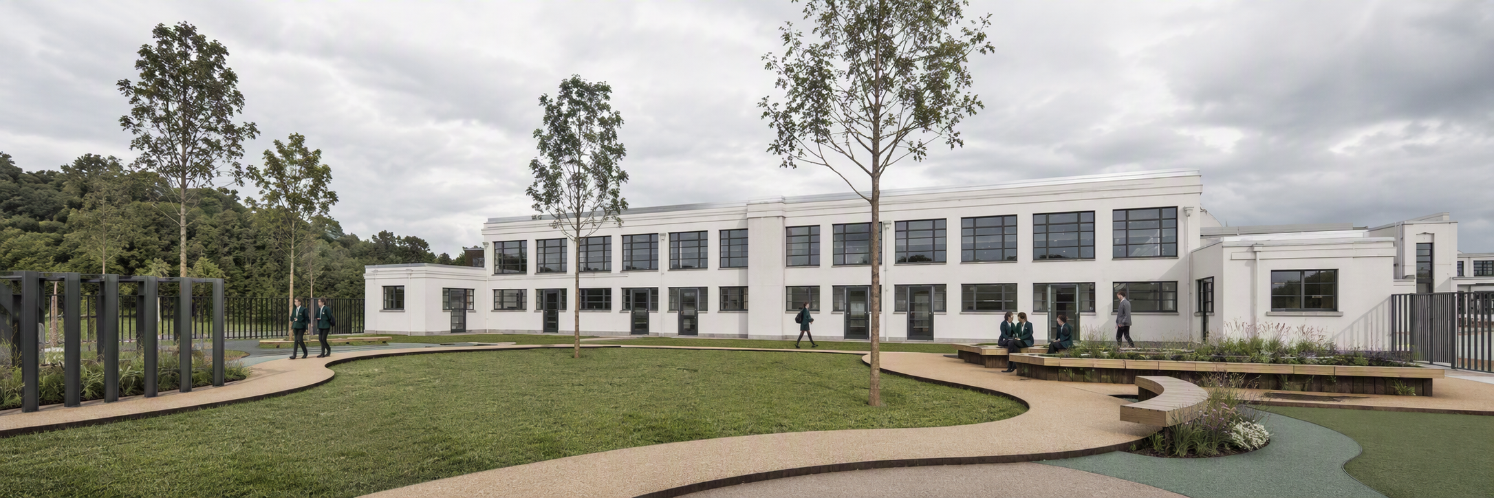 A visual concept of the new additional support needs unit at Inverness High School. It shows a white building and landscaped area.