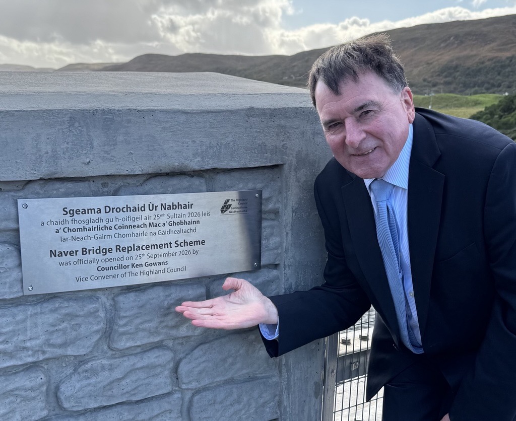 Cllr Ken Gowans with the plaque at Naver Bridge