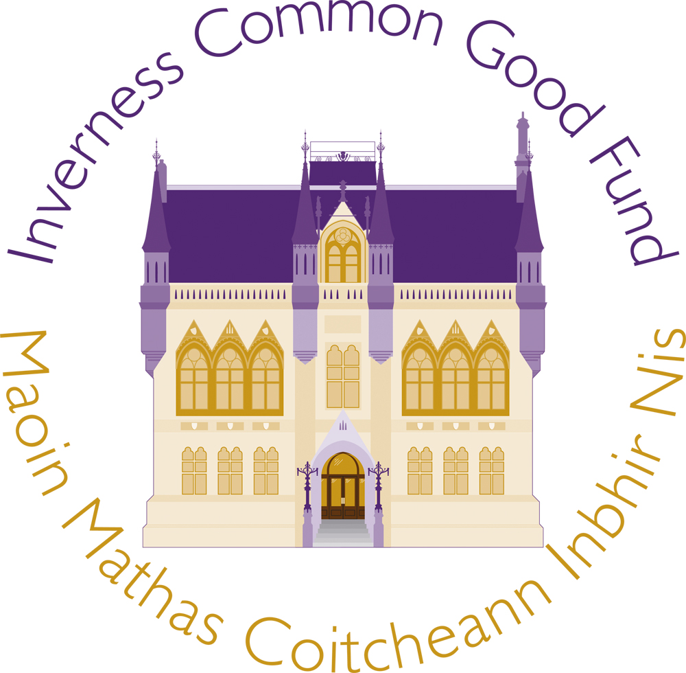 Stylized historic municipal building with a purple roof and sand coloured windows, encircled by the English text "Inverness Common Good Fund" and the Gaelic "Maoin Mathas Coitcheann Inbhir Nis."