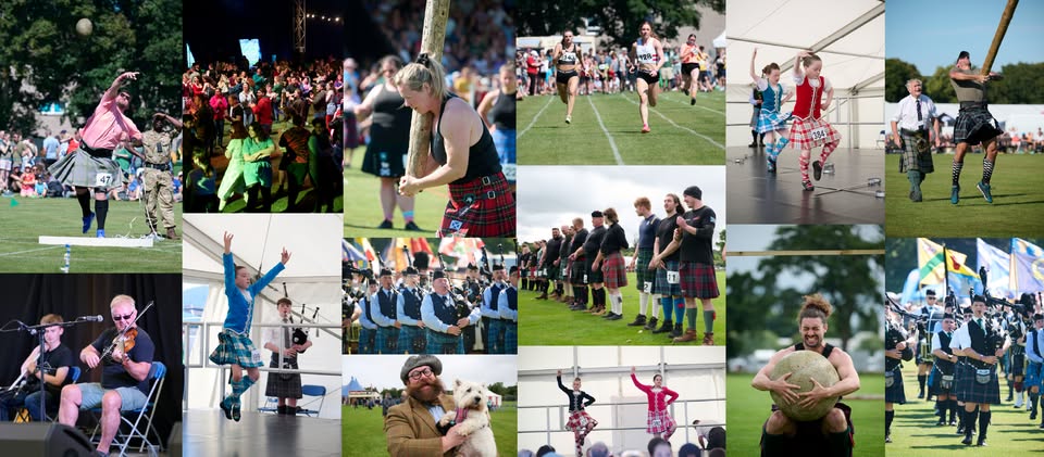 Collage showing a Scottish Highland Games festival: athletes in kilts competing in caber toss, stone carry and sprints; highland dancers, pipe bands and musicians performing, with spectators gathered outdoors on grassy fields.