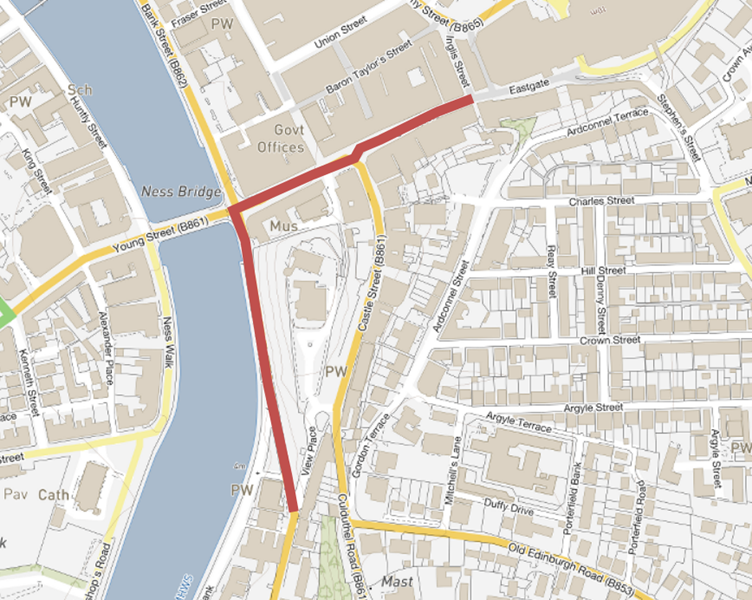Town centre map showing parade route marked in red from Eastgate, inverness down High Street and Bridge Street then south along the River Ness side to Ness Bank Church.