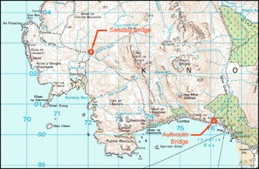 Map of the bridge locations on the Knoydart Peninsula