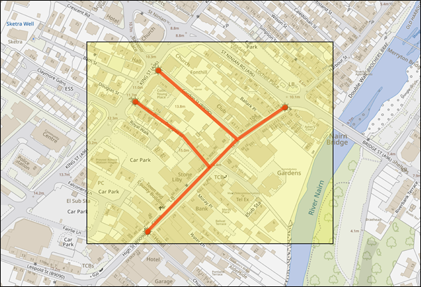 Map showing extent of B9090 Nairn High Street, Gordon Street and The Brae closures