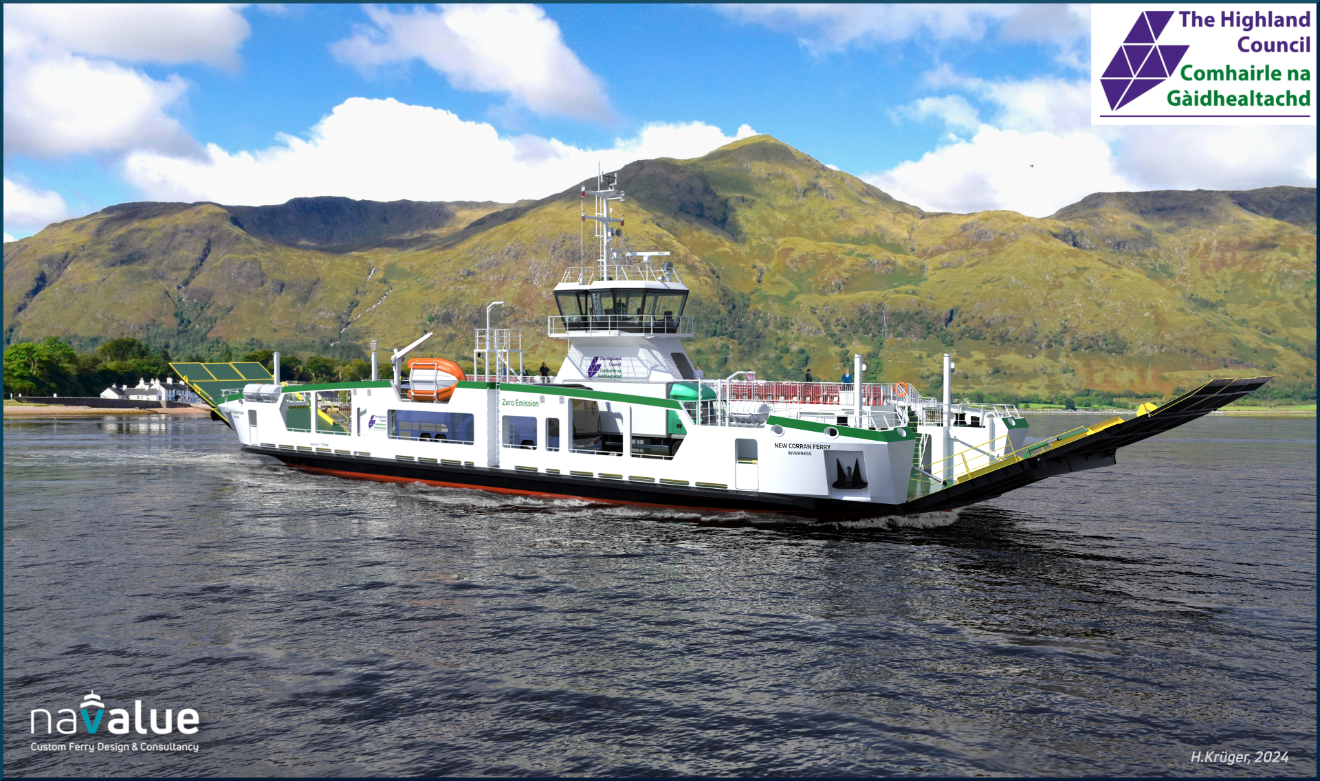 Zero-emission double-ended electric vehicle ferry with bow and stern ramps angled, crossing calm water near green Scottish mountains and shoreline buildings, carrying vehicles and passengers under a blue sky with the Highland Council logo visible.