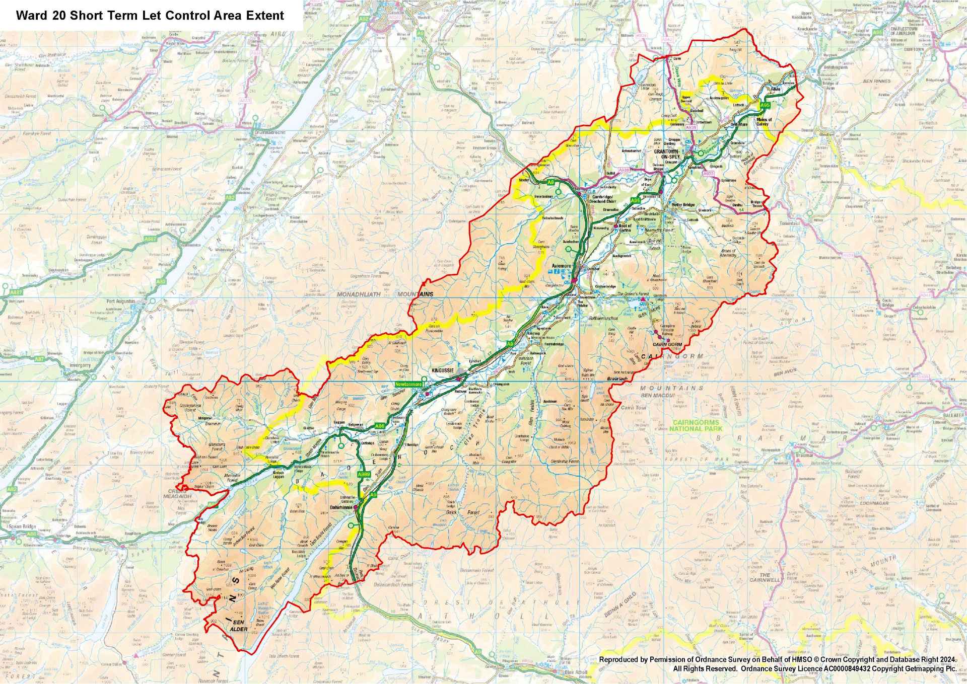Map showing extent of Ward 20 Badenoch and Strathspey Short Term let Control Area