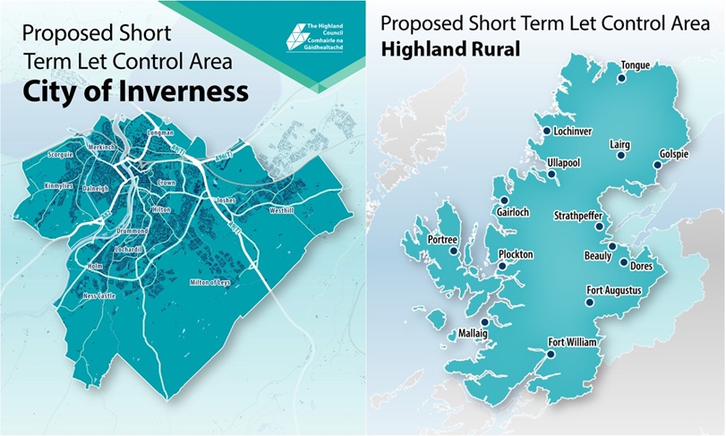 Maps showing the proposed short term let control areas for Inverness City and Highland Rural.