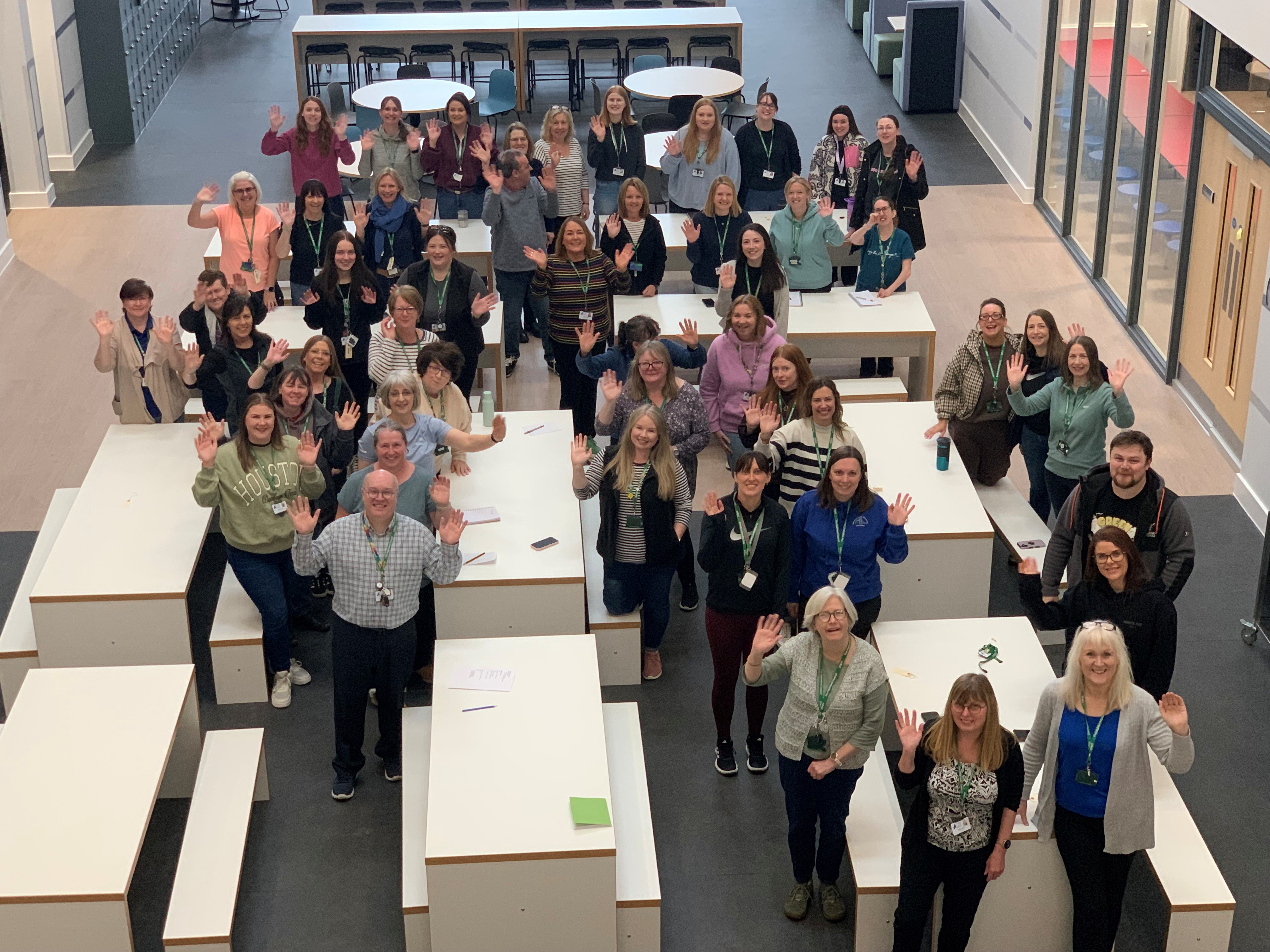 Staff of Tain primary on the first school day at the new campus
