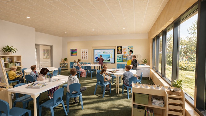 An artist impression of a classroom featuring children at the new Tornagrain Primary School.