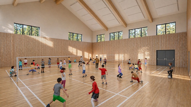 An artist impression of the Tornagrain Primary School games hall featuring children and tennis nets.