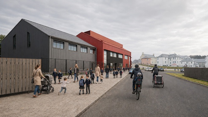 A artist impression of the new Tornagrain primary school featuring the side of the building, parents, carers and children walking to school.