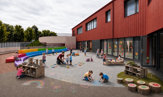 An artist impression of the outdoor nursery area at the new Tornagrain Primary School.