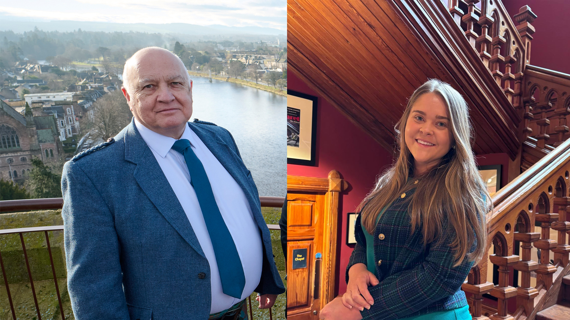 On the left, an image of an older man in traditional Scottish dress, with the Inverness landscape in the background. On the right, a woman with long dark hair stands on a staircase.