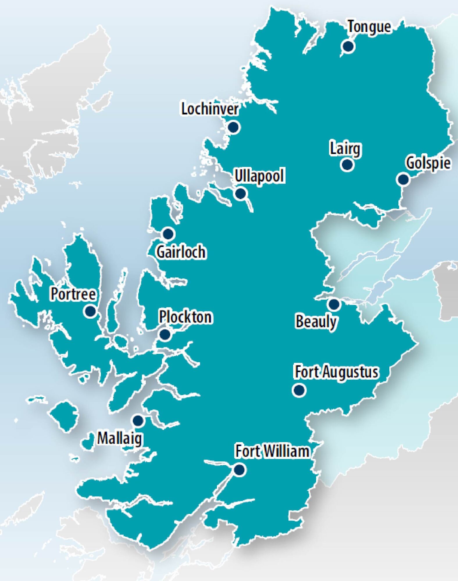 Map showing the proposed Highland Rural Short-Term Let Control Area in the north and west Highlands. The highlighted area includes communities such as Tongue, Lochinver, Ullapool, Gairloch, Plockton, Portree, Mallaig, Beauly, Fort Augustus, Fort William,