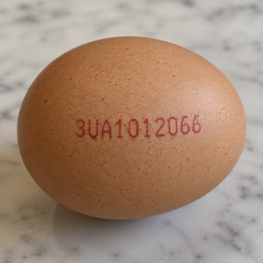 Brown chicken egg resting on a marble countertop, stamped in red with traceability code 3UA1012066 indicating packaging/batch information.