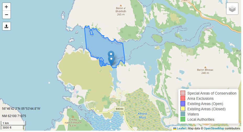 Map where Highland Council’s Environmental Health team have identified raised levels of naturally occurring bivalve shellfish biotoxins following routine monitoring at Loch Moidart.