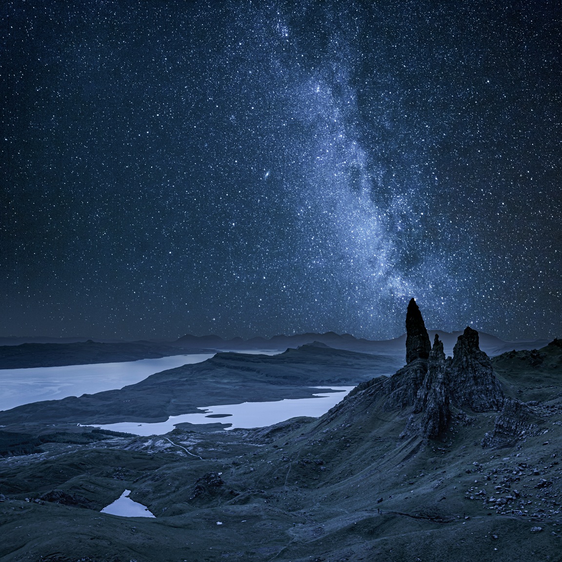 Milky way over the Old Man of Storr, Scotland. Credit: Shaiith on Envato.